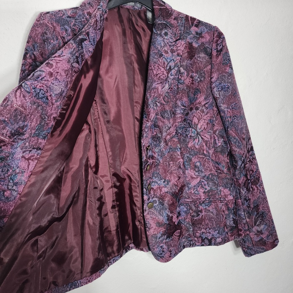 Liz‎ Claiborne Blazer 14 Purple Floral Tapestry Brass Button Vintage Jacket - Picture 5 of 9